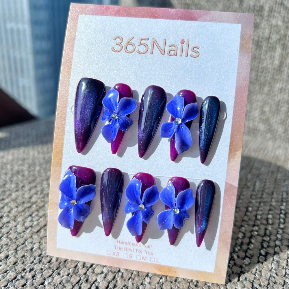 Sculpted Flora: "Midnight Blue Vanda" – 3D Royal Blue Orchids on Galaxy Cat Eye Stiletto Nails