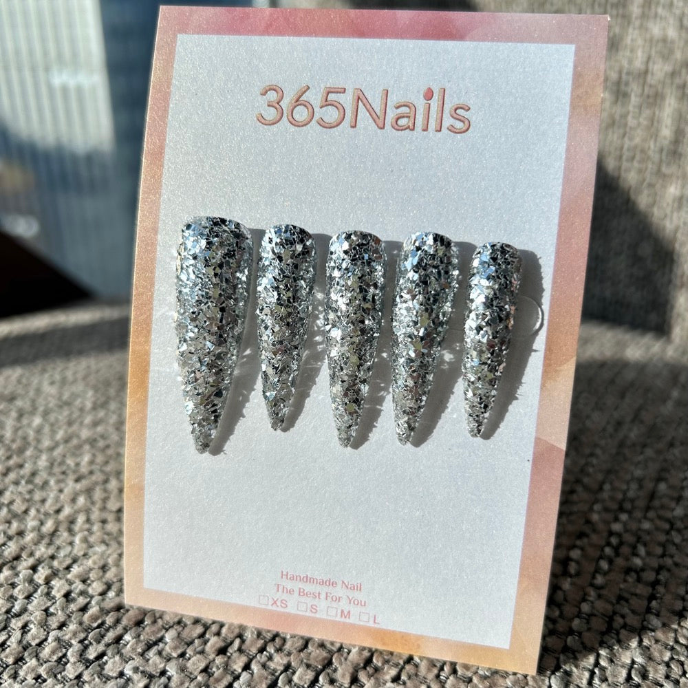 Frosted Diamond Press On Nails Silver Chunky Glitter Stiletto| Starry Glitter · Sparkling Series