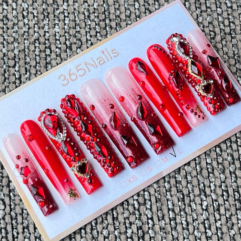365nails: "Crimson Obsession" – 3D Heart & Rhinestone Handmade Coffin Nails