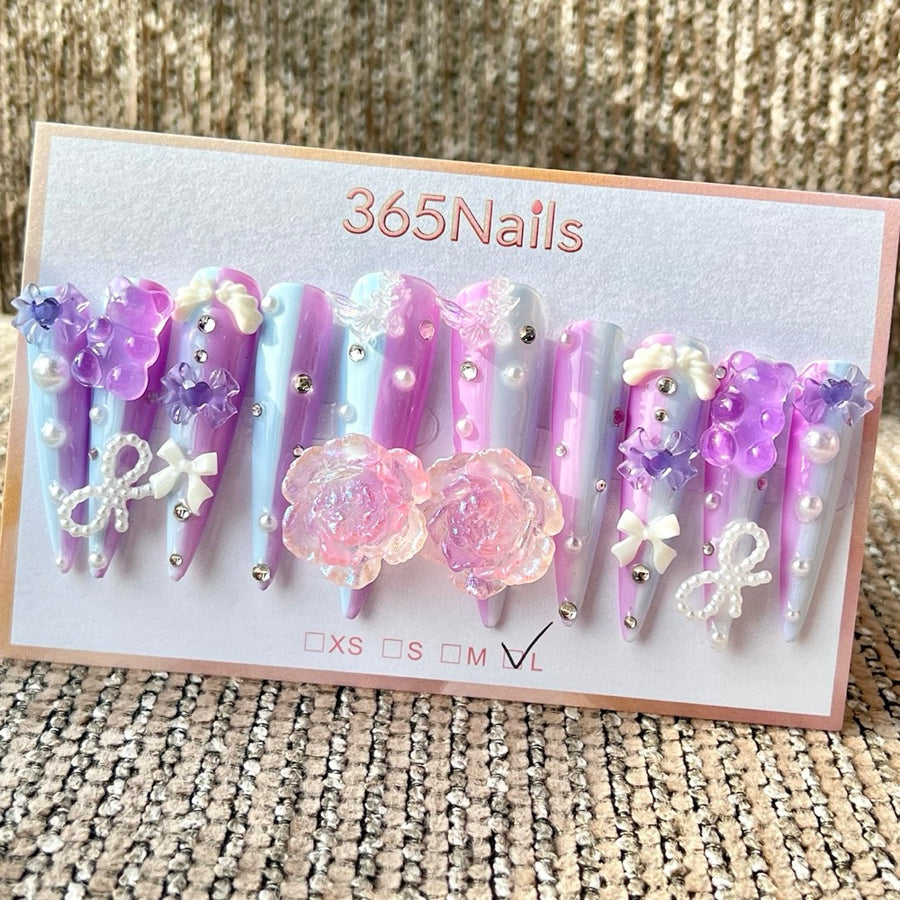 365nails: "Purple Blue Bow Flower Long" – Handmade Long Stiletto Press-On Nails
