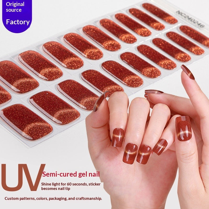 Semi-Cured Gel Nail Strips Sparkle Smiley Cat Eye Glossy Design (MOQ=3)