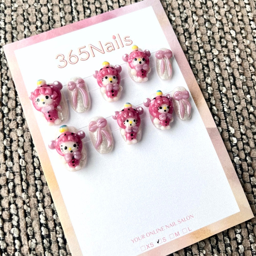 365nails: "Pink Sugar Dream" – 3D Bear & Bow Handmade Short Square Nails
