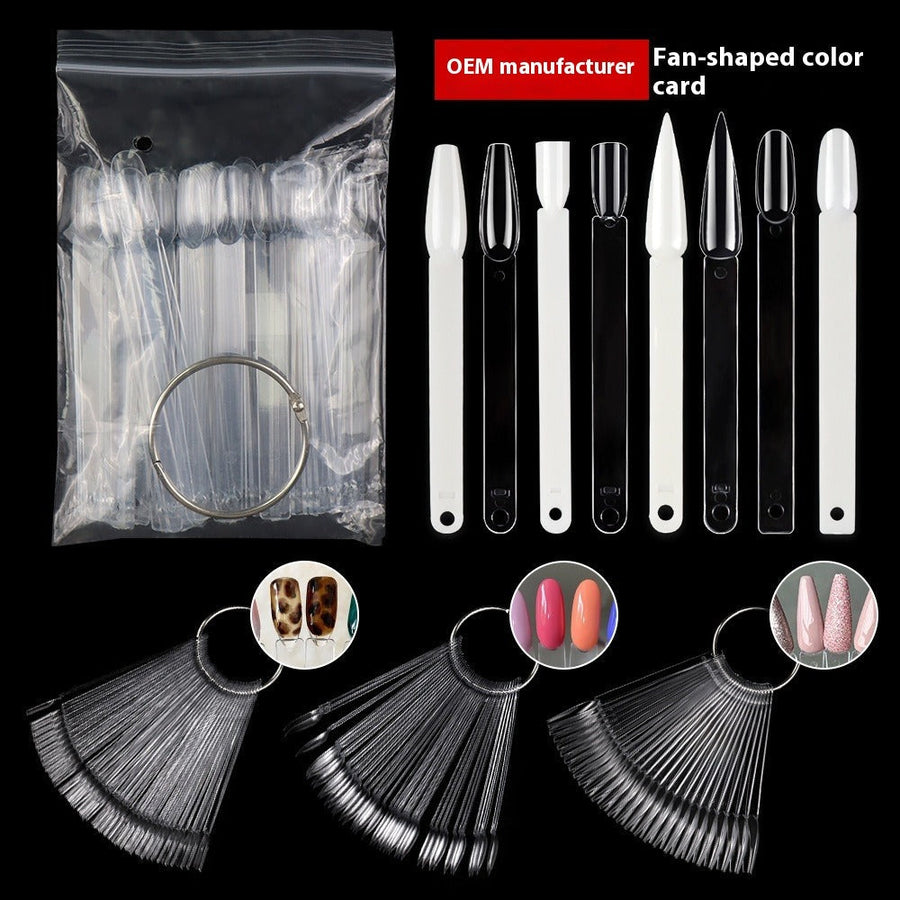 Pontas de unhas Cartela de cores para prática de esmalte em leque, 50 placas transparentes de cores de esmalte com anel de ferro em sacos para salões de beleza (MOQ=3)