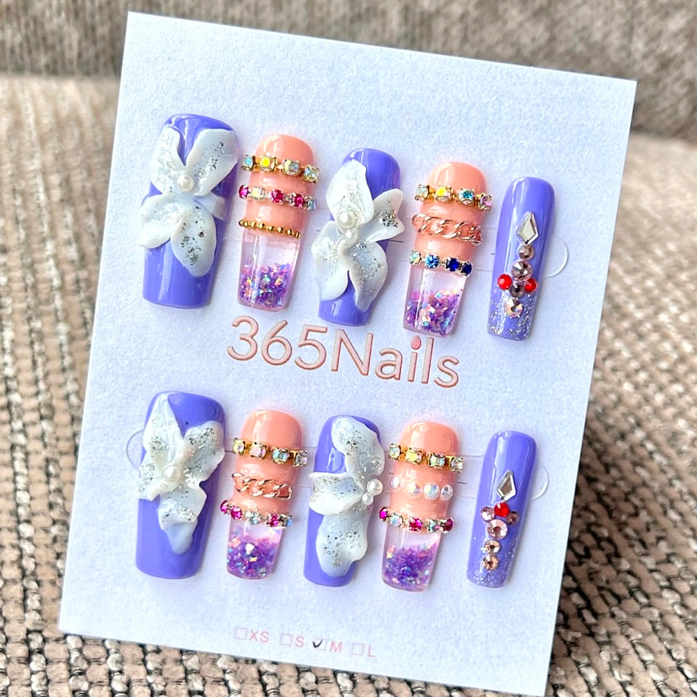 365nails: "Lavender Orchid Shimmer" – Handmade Liquid Motion Press-On Medium Square Nails-3cm