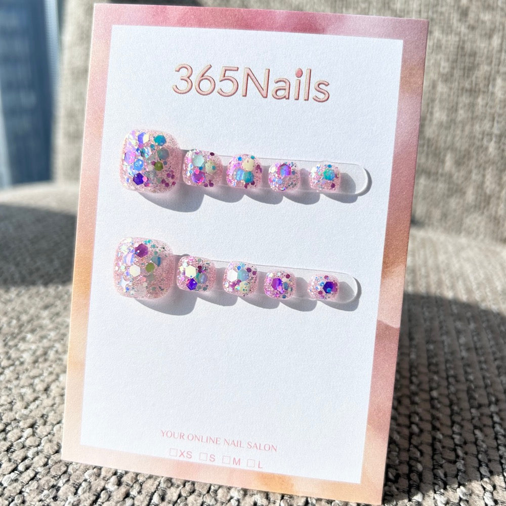 365nails: "pink glitter confetti" – handmade press-on toenails / pedicure