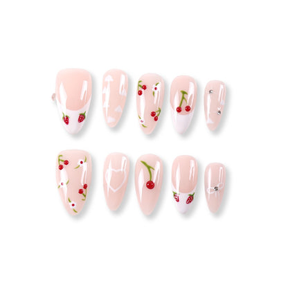 365Nails Sheer Nude Pink French with Hand-Painted Cherries, Strawberries and Daisies – Sweet Almond Press-On Nails