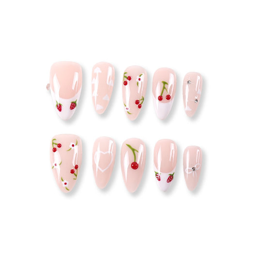 365Nails Sheer Nude Pink French with Hand-Painted Cherries, Strawberries and Daisies – Sweet Almond Press-On Nails