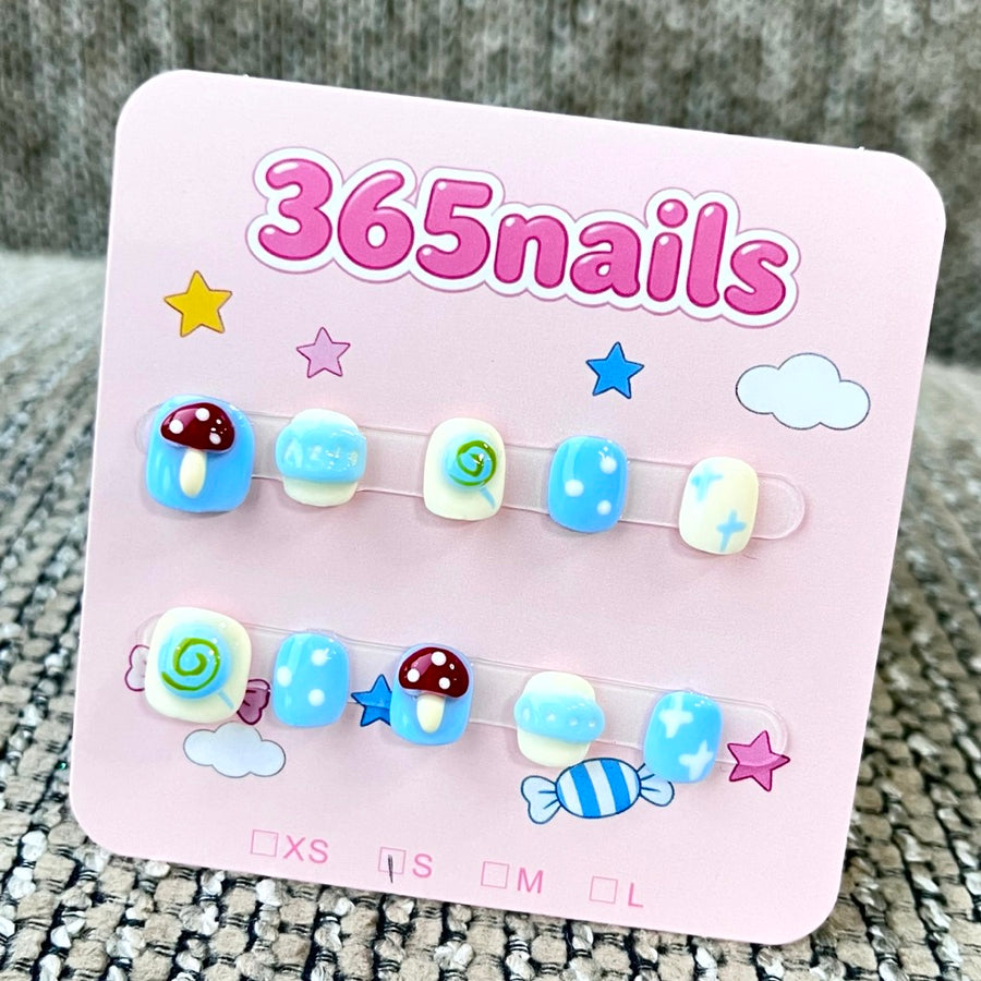 365nails: "사탕 구름" – 3D 버섯 & 롤리팝 수제 숏 스퀘어형 네일