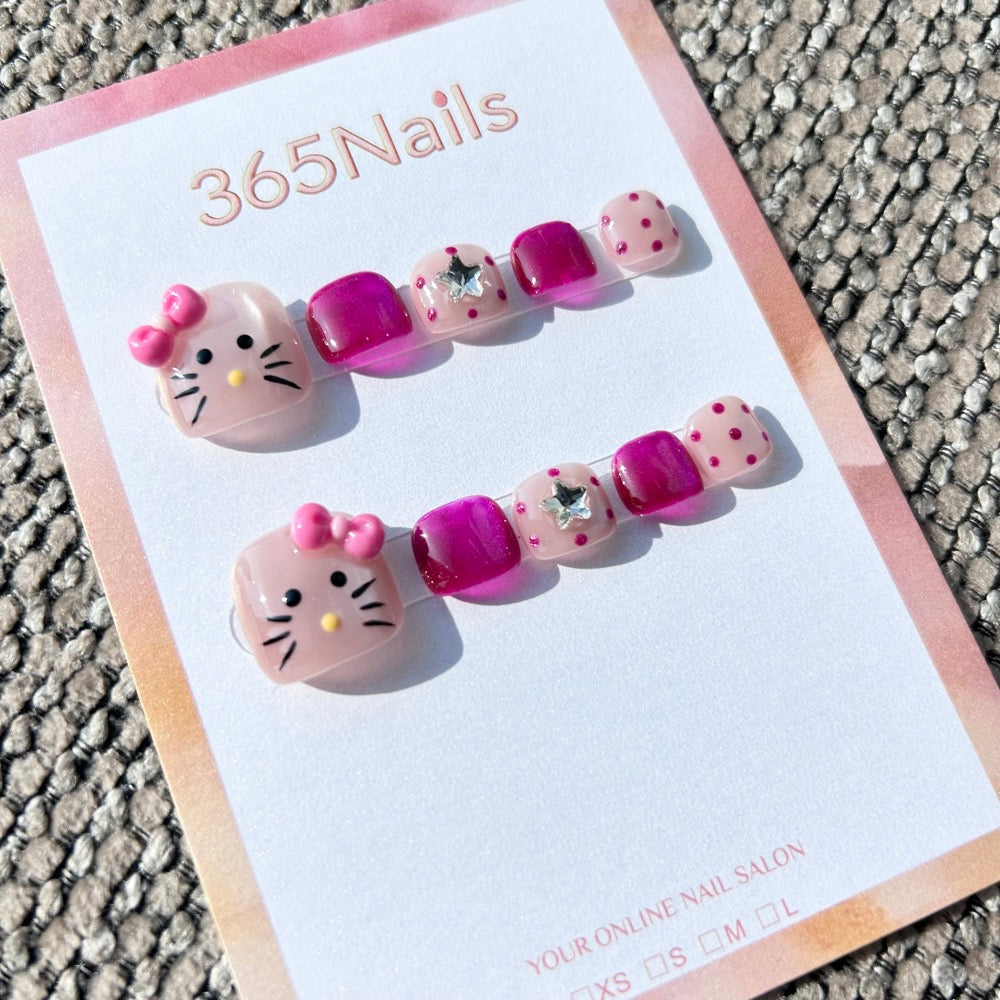 365nails: "kitty pink bow" – handmade press-on toenails / pedicure
