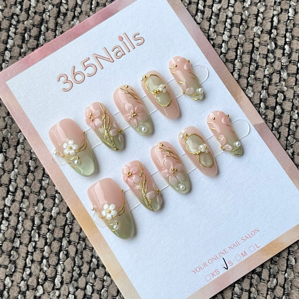 Nude Green Ombre Floral 3D Charm Press-On Nails