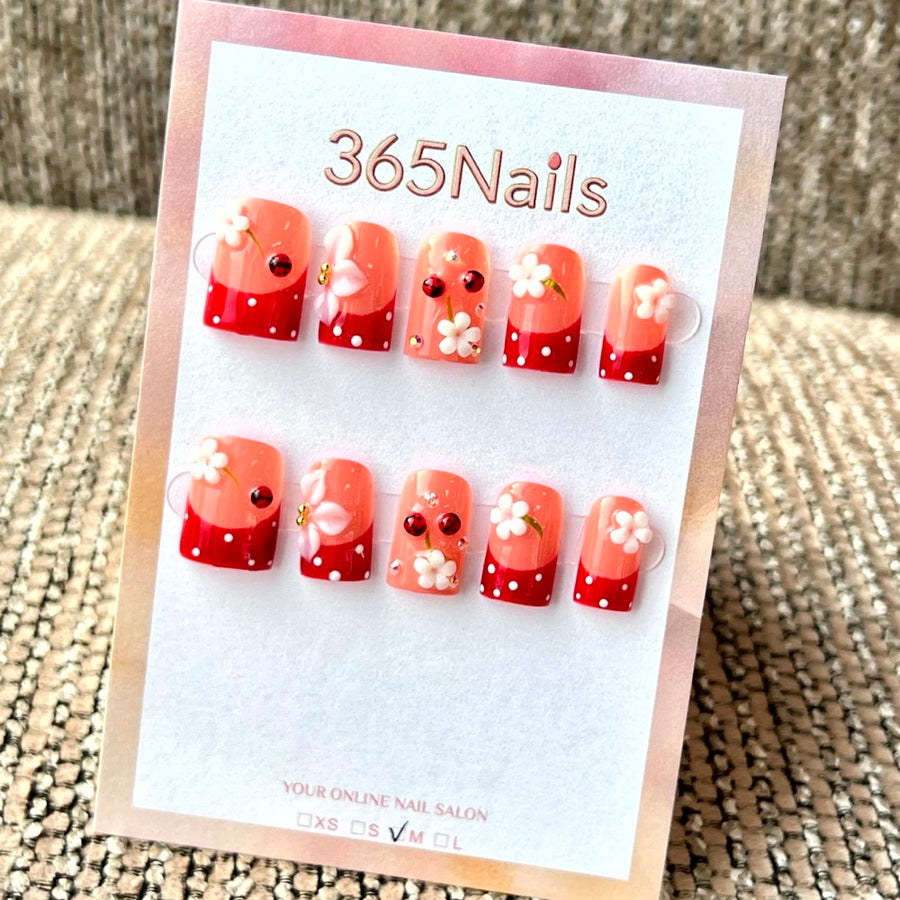 "Peach Red Ladybug Flower" - Wholesale Ultra-Soft Flexible Fit Handmade Nails (MOQ=100)