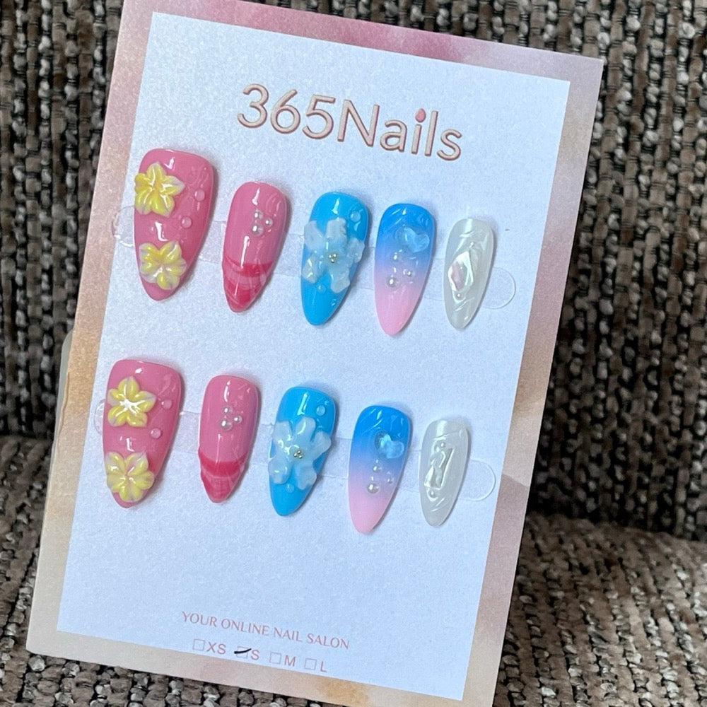 Poolside Petals - Blue Pink 3D Press-On Nails
