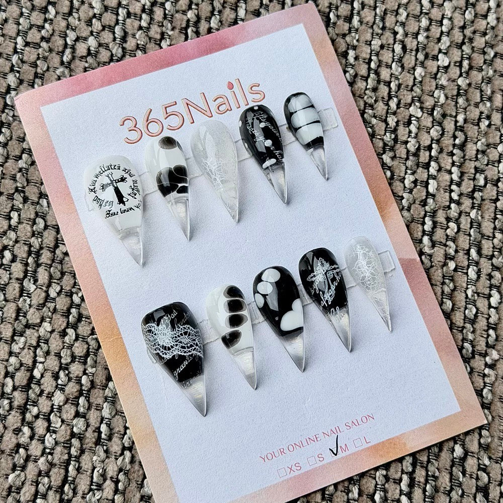 365nails: "Monochrome Polka Dot Cross Lace" – Vintage Script Handmade Long Stiletto Nails