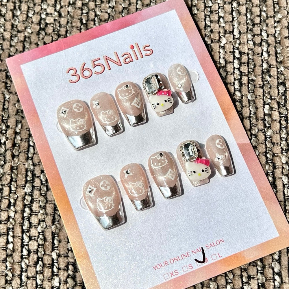 365nails: "Hello Kitty French" – 3D 헬로키티 수제 숏 스퀘어형 프레스온 네일