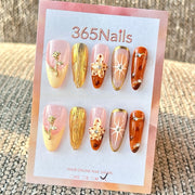 365nails: 누드 브라운 플라워 로즈 골드 믹스 – 수제 미디엄 스틸레토형 프레스온 네일