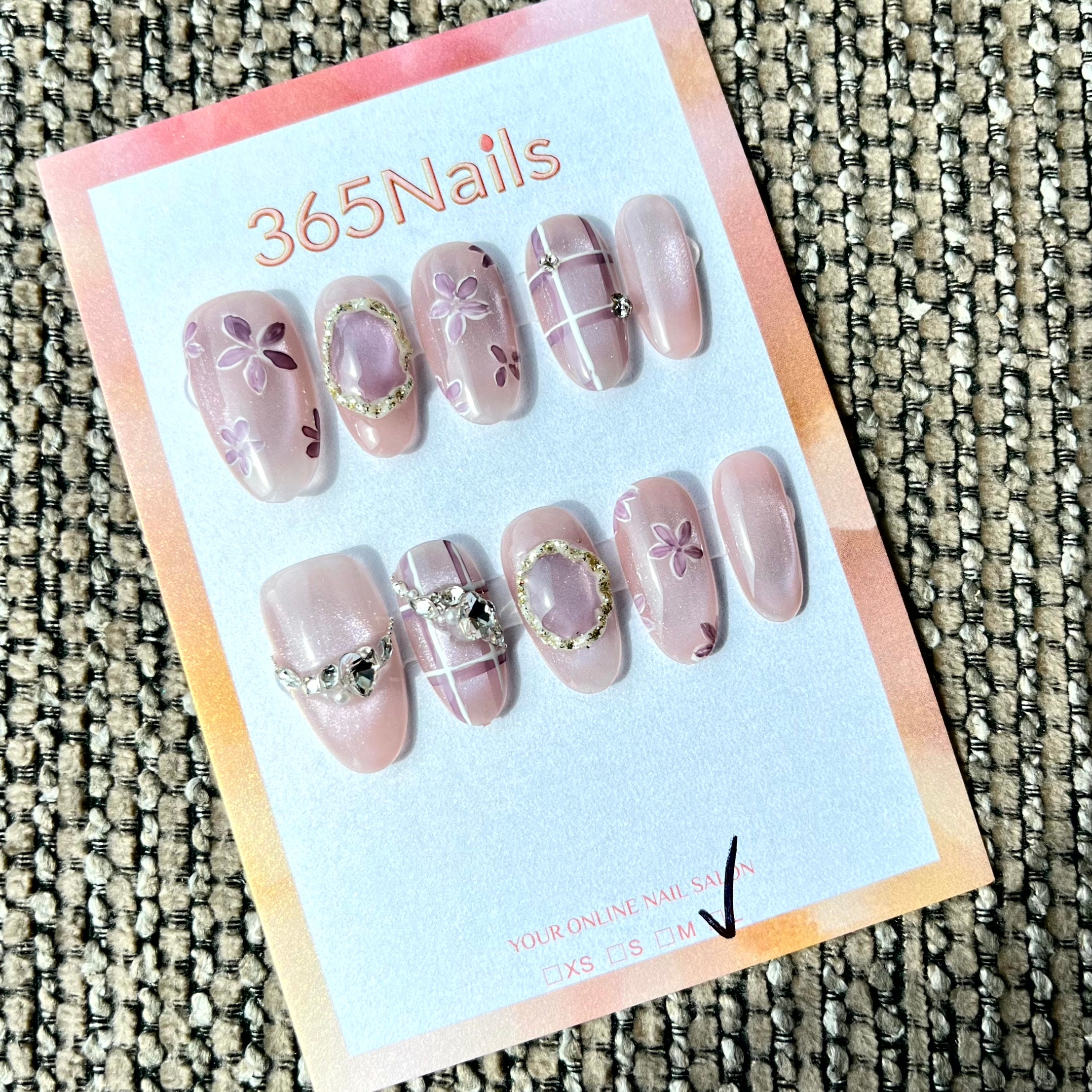 365nails: "Mauve Muse" – Hand Painted Floral & Gem Handmade Almond Nails