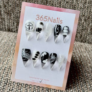 365nails: "Monochrome Polka Dot Cross Lace" – Vintage Script Handmade Long Stiletto Nails