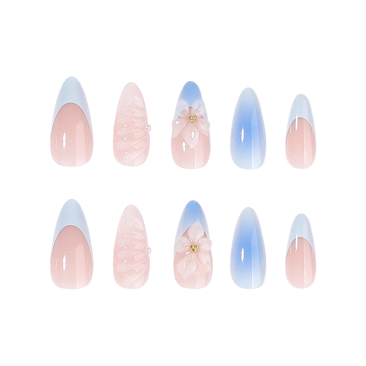 Two rows of press-on nails with French tips, blue gradient accents and 3D flower charms