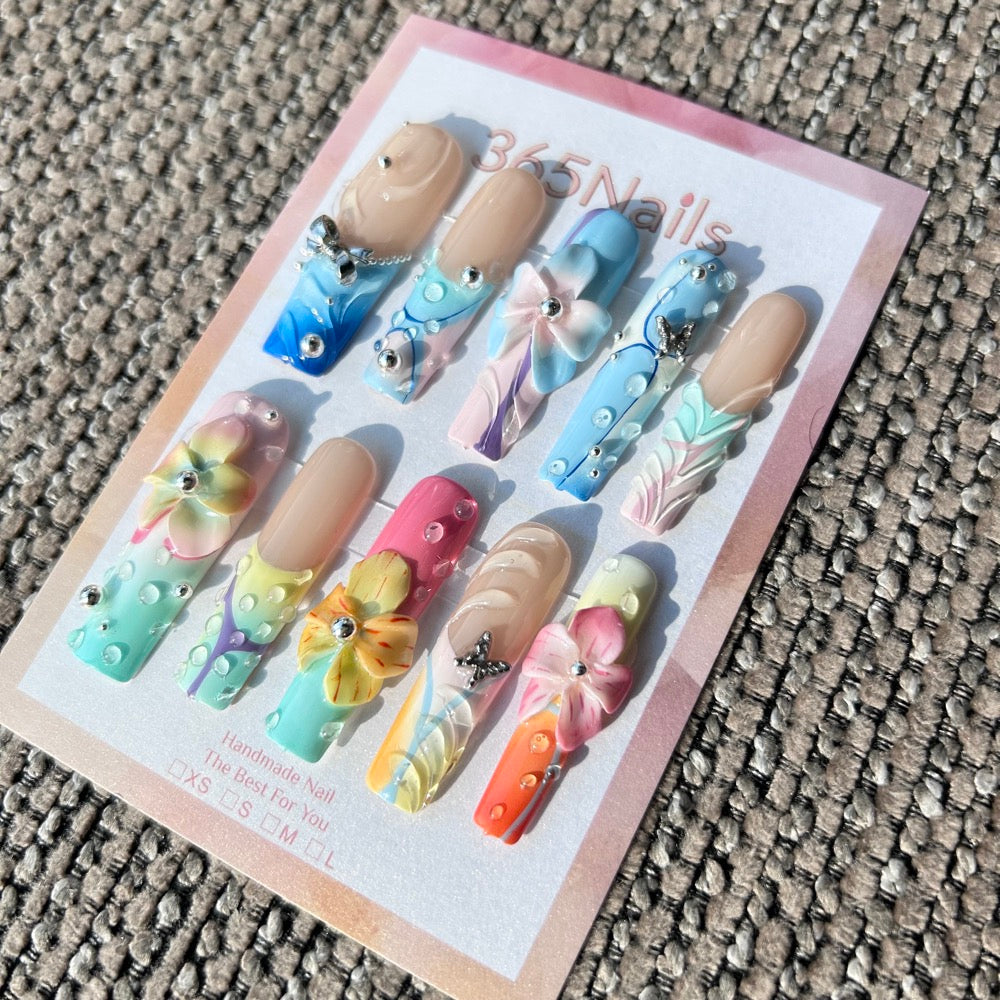 Handmade Tropical Ocean Breeze 3D Floral Press-on Nails | Silver Bows & Butterflies | Long Coffin | 10pcs Set