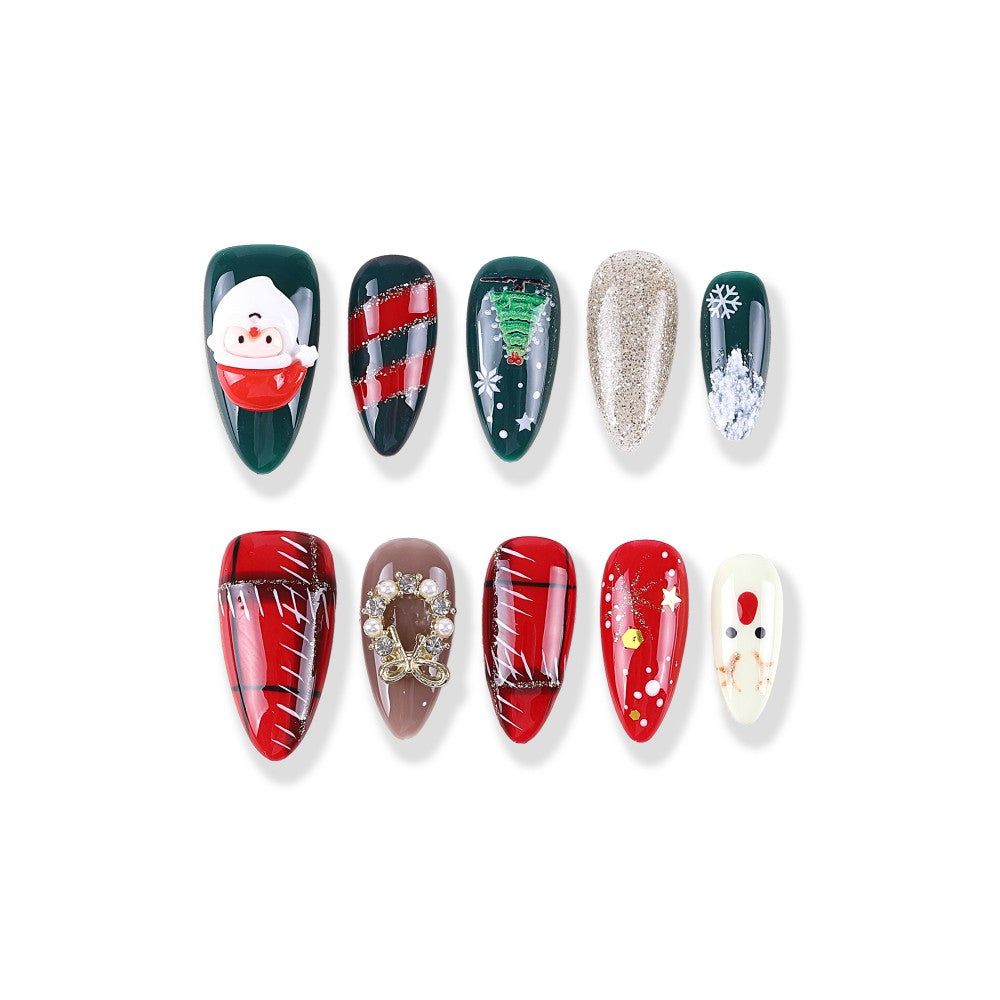 Red, green and gold medium almond Santa Claus elk snowflake diamond jewelry press on nail