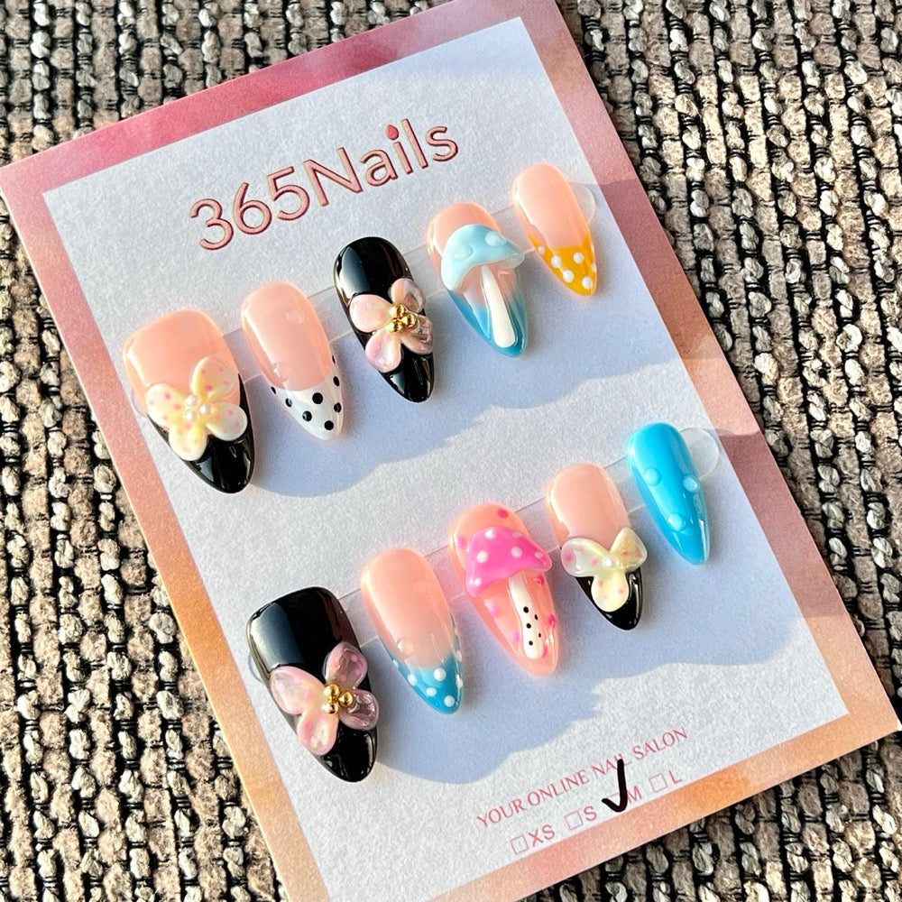 365nails 누드 블랙 머쉬룸 플라워 믹스 수제 미디엄 스틸레토형 프레스온 네일