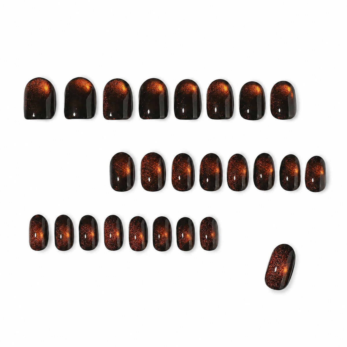 Set of 24 dark brown cat-eye press-on nails arranged in rows with a label showing cat-eye effect