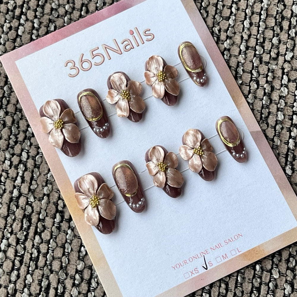 Elegant Brown & Gold 3D Floral Press-On Nails
