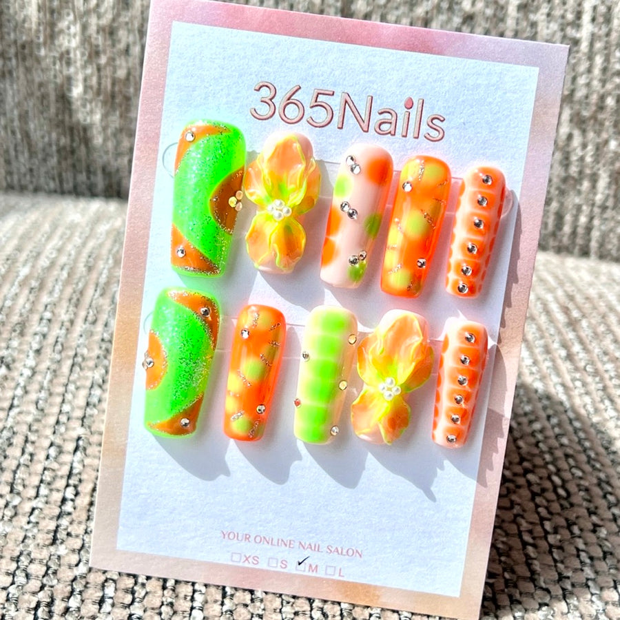 365nails: "Citrus Glow Orchid" – Handmade Medium Square Press-On Nails