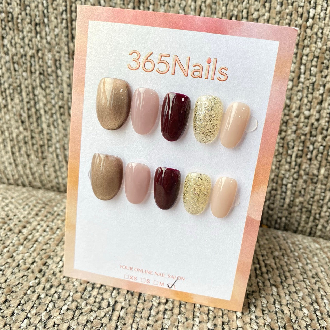365nails: "Burgundy Nude Gold Glitter" – handmade press-on nail