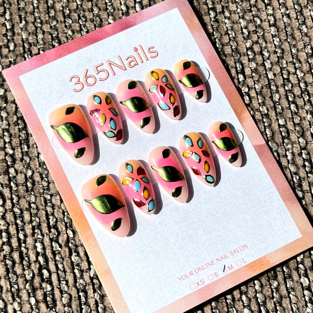 365nails: "식물의 보석" – 3D 잎사귀 & 보석 수제 아몬드형 네일