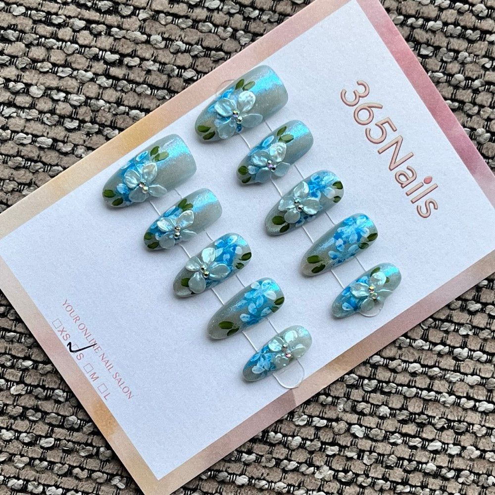 Blue Floral 3D Charm Press-On Nails