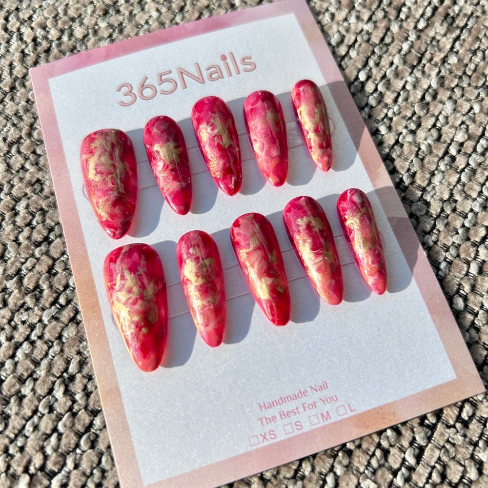Cinnabar & Gilded Gold Vintage Red Amber Marble Nails ｜ Handmade Smudge Series(moq=30)