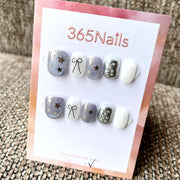365nails: "Celestial Bows" – 3D Bow & Star Charm Handmade Short Square Nails