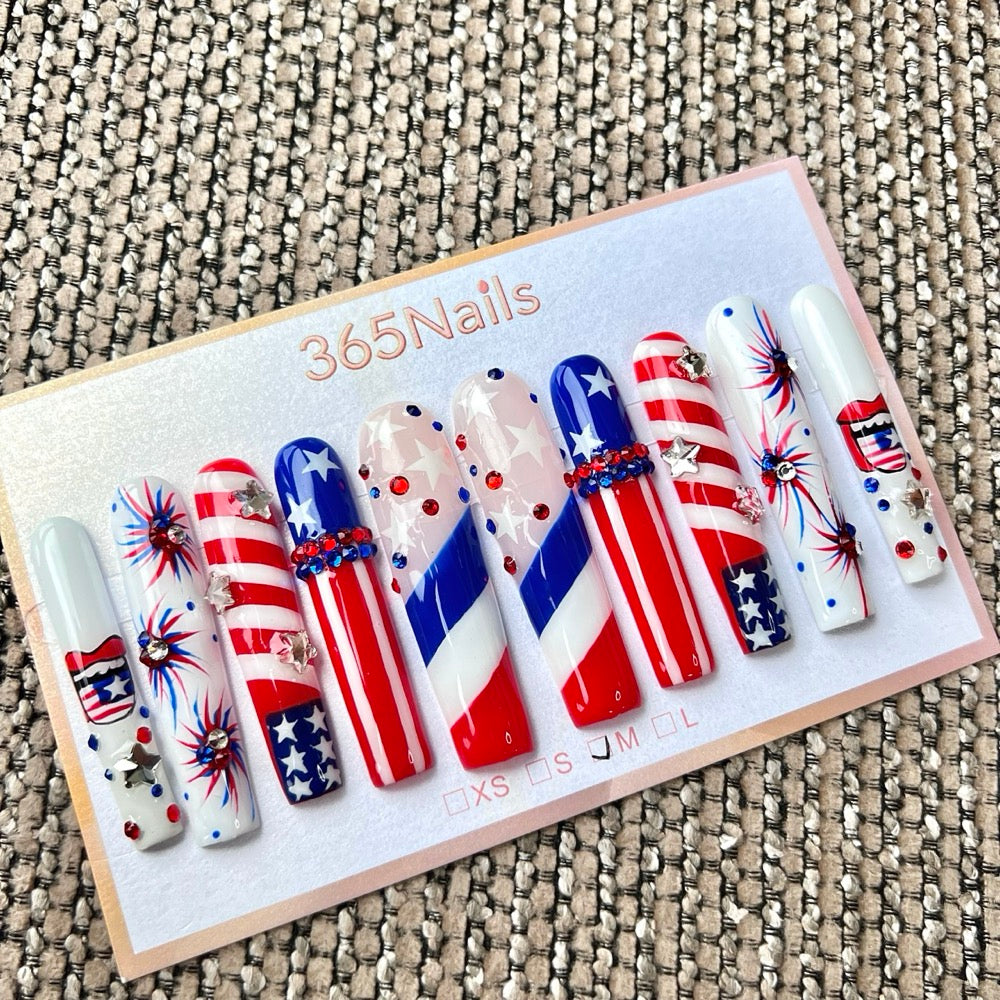 Handmade Independence Day Stars and Fireworks Long Press-On Nails 5.5cm (High Quality/Custom/10pcs)