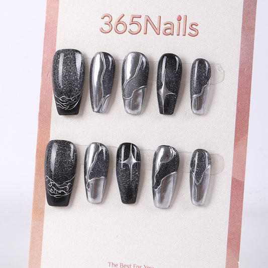 365Nails Galaxy Chrome Long Coffin Press On Nails in Black Silver