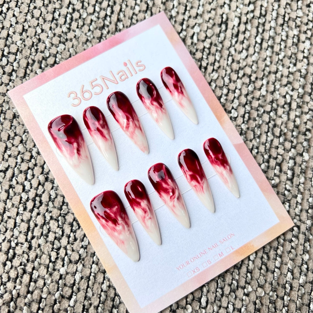 Cosmic Fatale: "Mármore de Fumaça Carmesim" – Unhas Postiças Stiletto Longas Afiadas Feitas à Mão