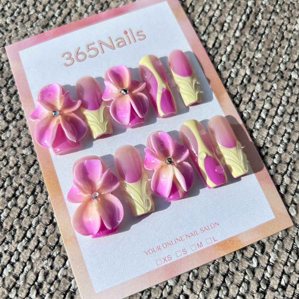 Sculpted Flora: "Orchid Lemonade" – 3D Pink & Yellow Gradient Flower with Abstract Swirls Coffin Nails