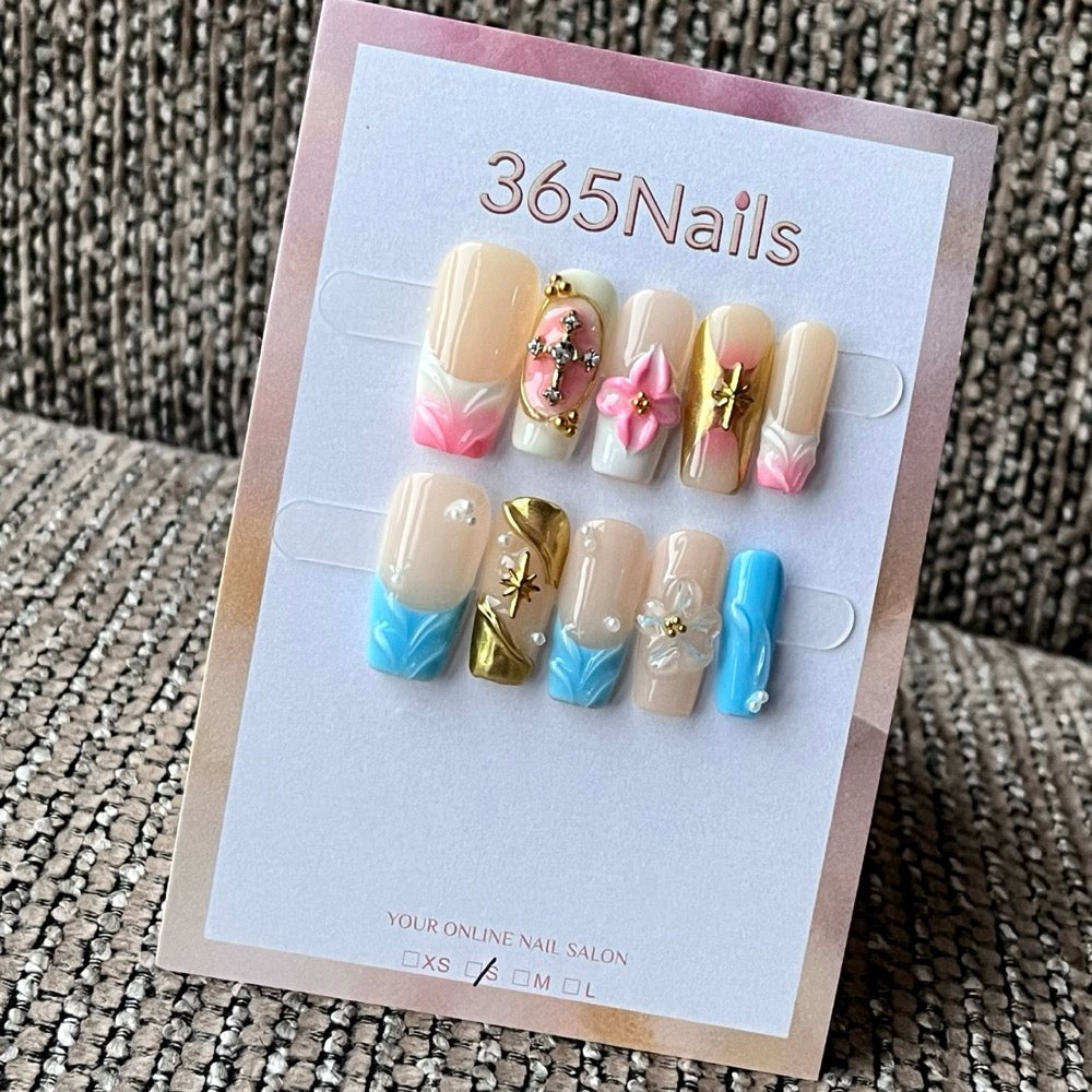 Nude Pink & Blue 3D Charm Press-On Nails
