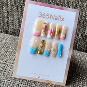 Nude Pink & Blue 3D Charm Press-On Nails