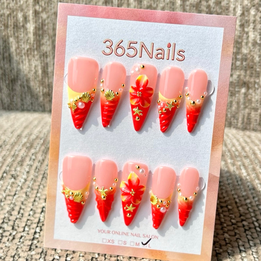 365nails 핑크·레드 아이스크림 꽃 불가사리 3D 수제 중간 길이 스틸레토 프레스온 네일