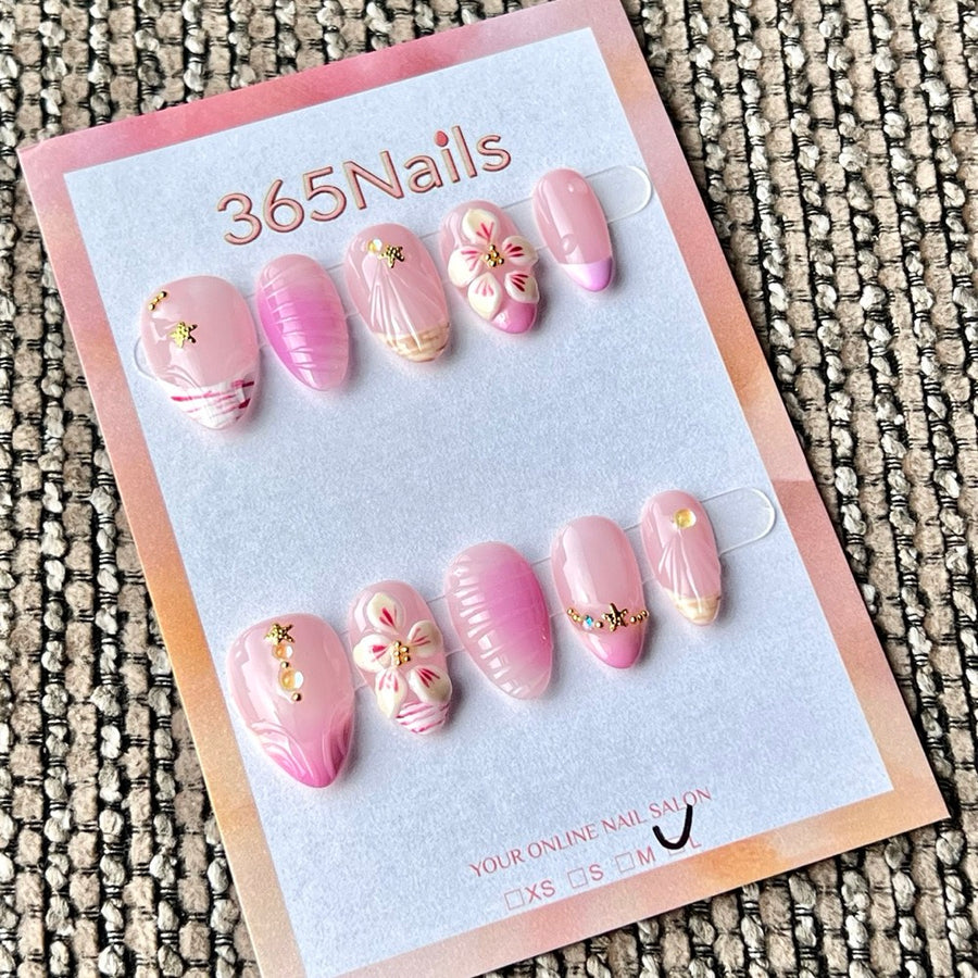 365nails 핑크 쉘 꽃 불가사리 3D 수제 미디엄 스틸레토형 프레스온 네일