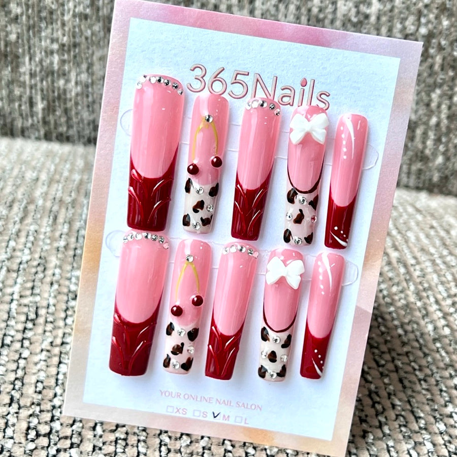"Pink Red French Cherry Leopard" - Wholesale Ultra-Soft Flexible Fit Handmade Nails (MOQ=100)