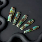 Short Coffin Green Brown Swirl Jelly Press-On Nails