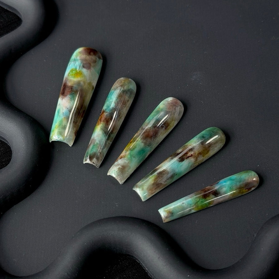 Short Coffin Green Brown Swirl Jelly Press-On Nails