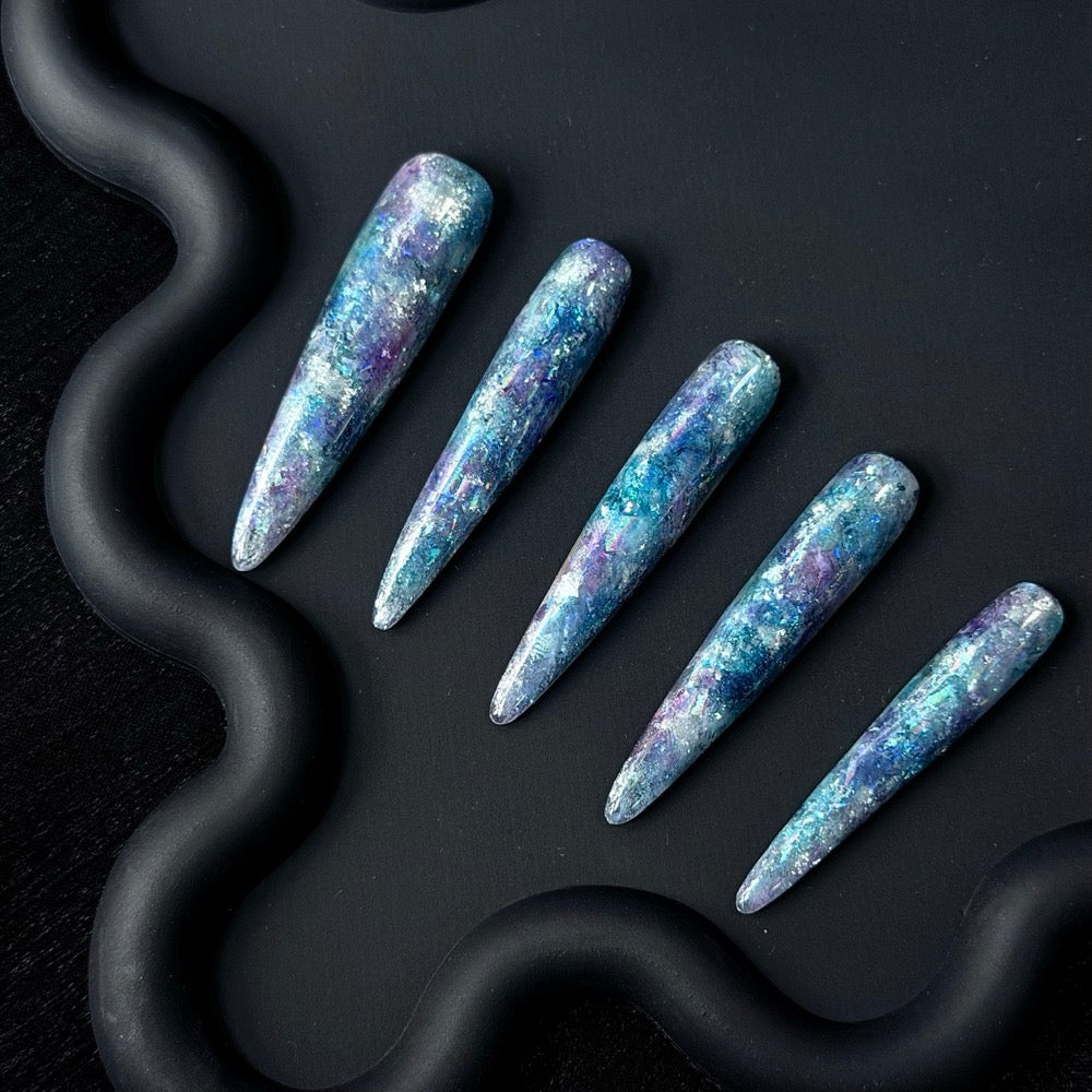 Long Stiletto Galaxy Press-On Nails in Blue Purple
