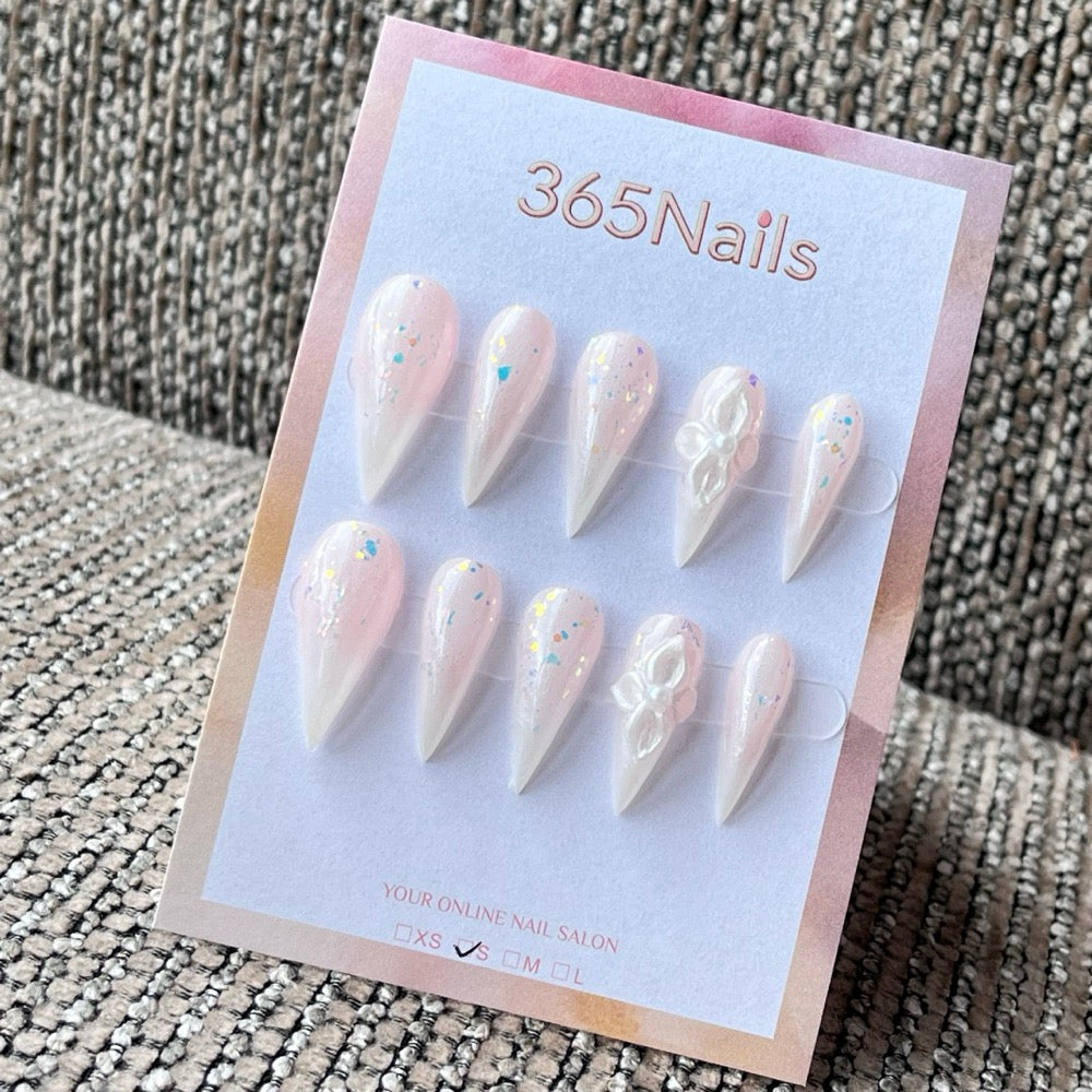 Pink & White Stiletto Press-On Nails with 3D Bow Charms