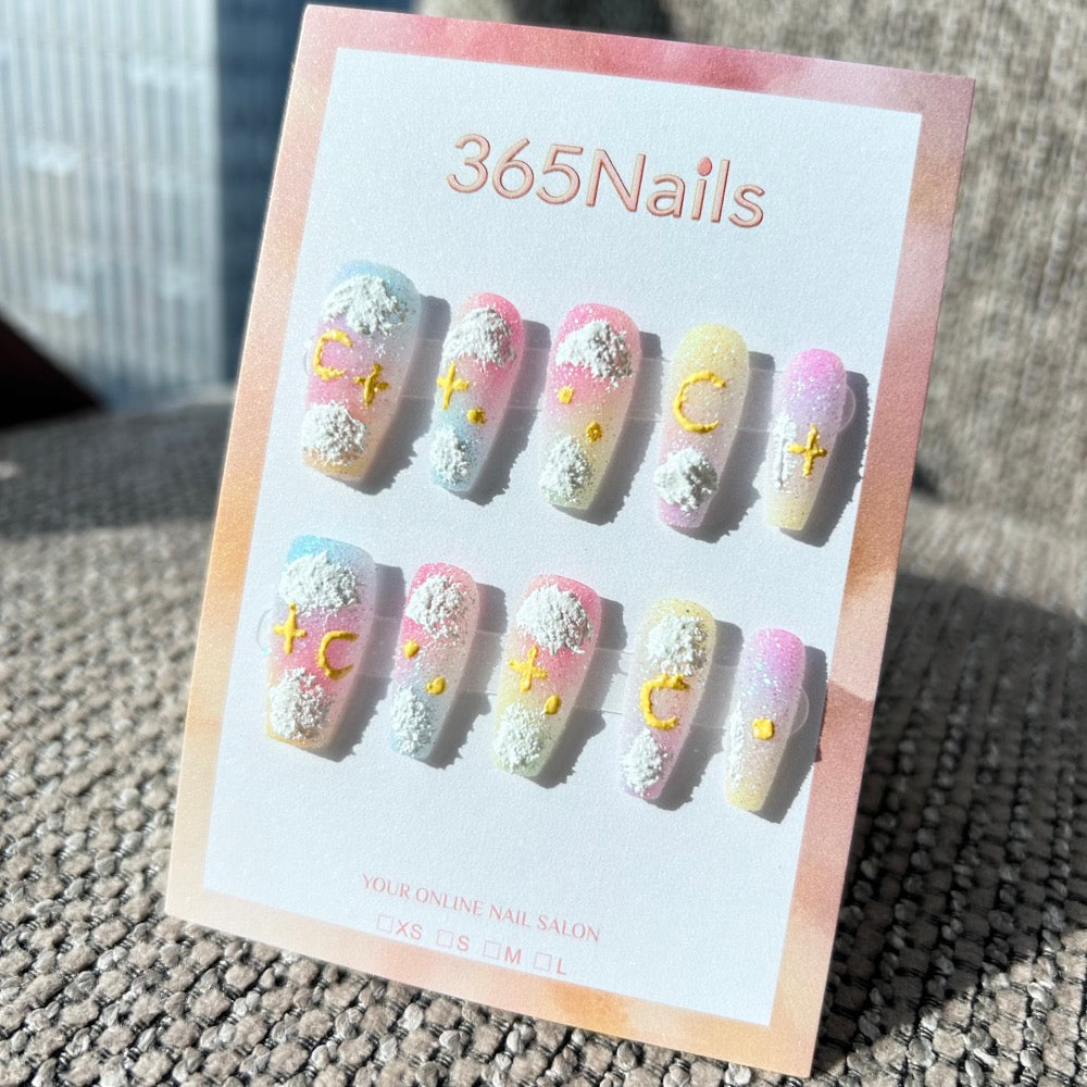 Sweet & Dopamine: "Cotton Candy Sky" – Pastel Pink Blue Yellow Ombre, Sugar Glitter, 3D Cloud & Star Moon Press-on Nails