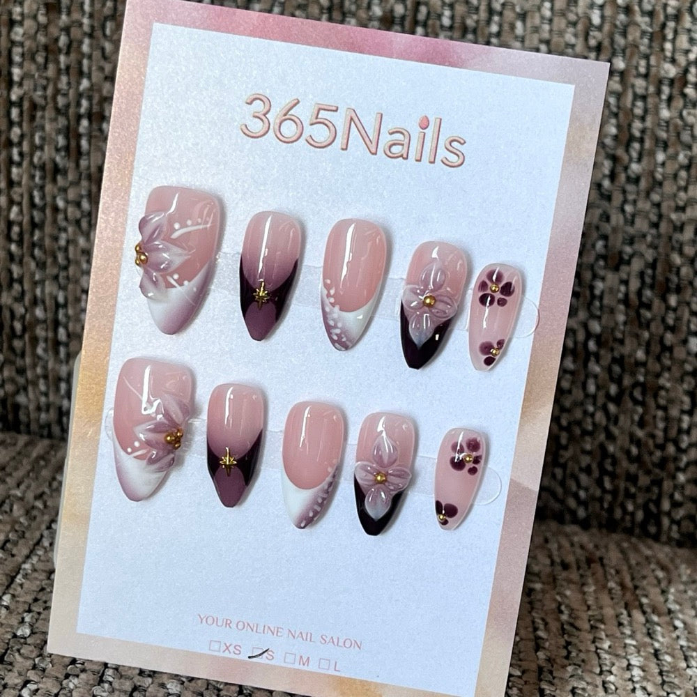 Plum Petal Noir - Mauve 3D Floral Press-On Nails