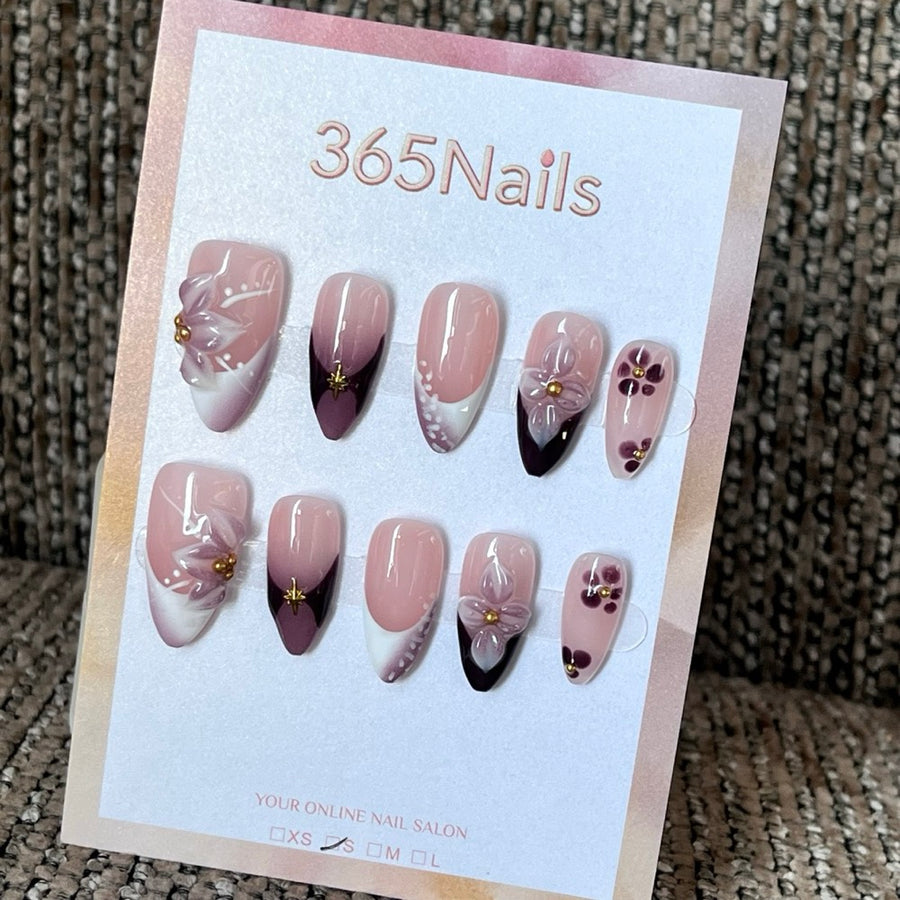 Plum Petal Noir - Mauve 3D Floral Press-On Nails