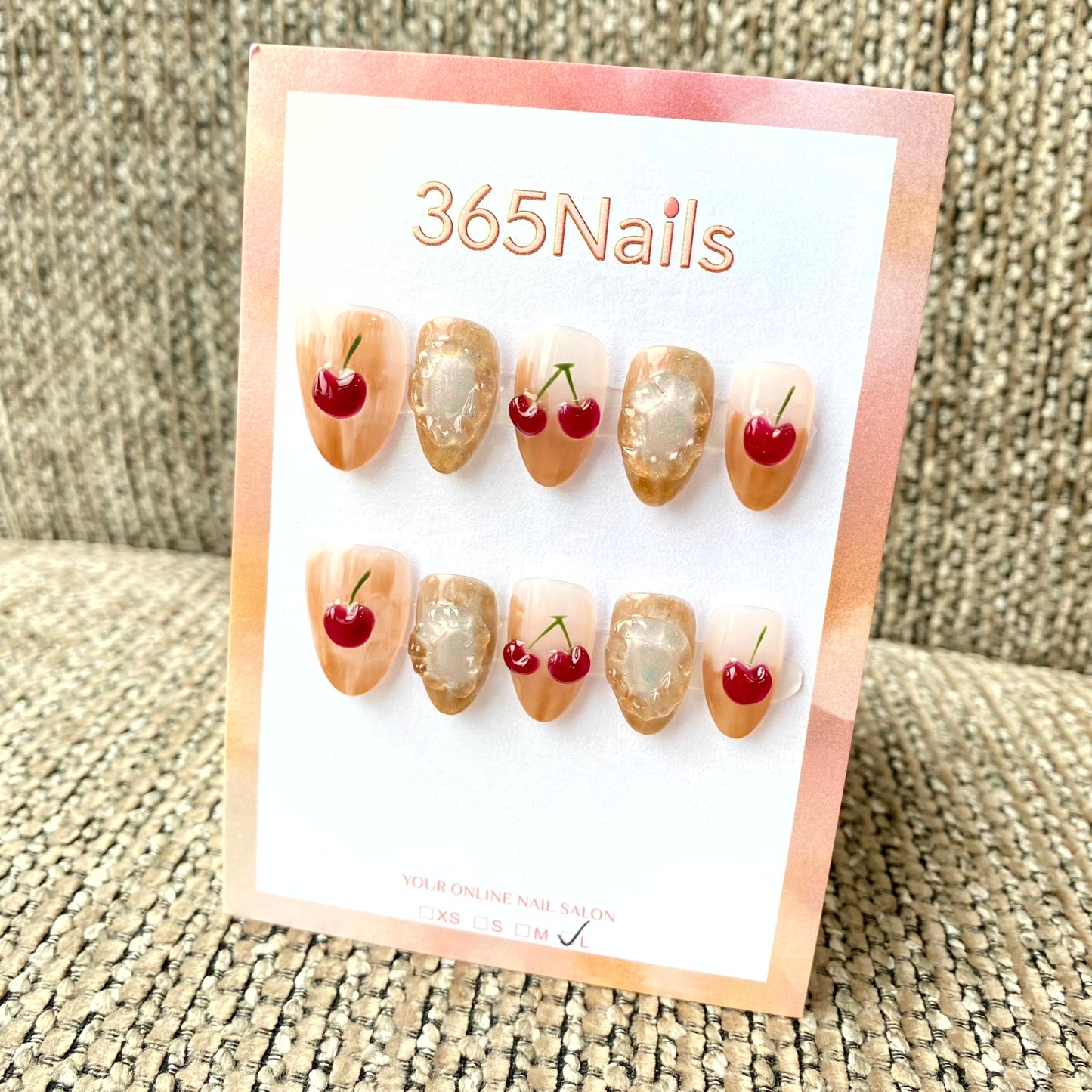 365nails: "Amber Cherry Gem" – Hand-painted Cherries & 3D Aurora Stone Handmade Almond Nails